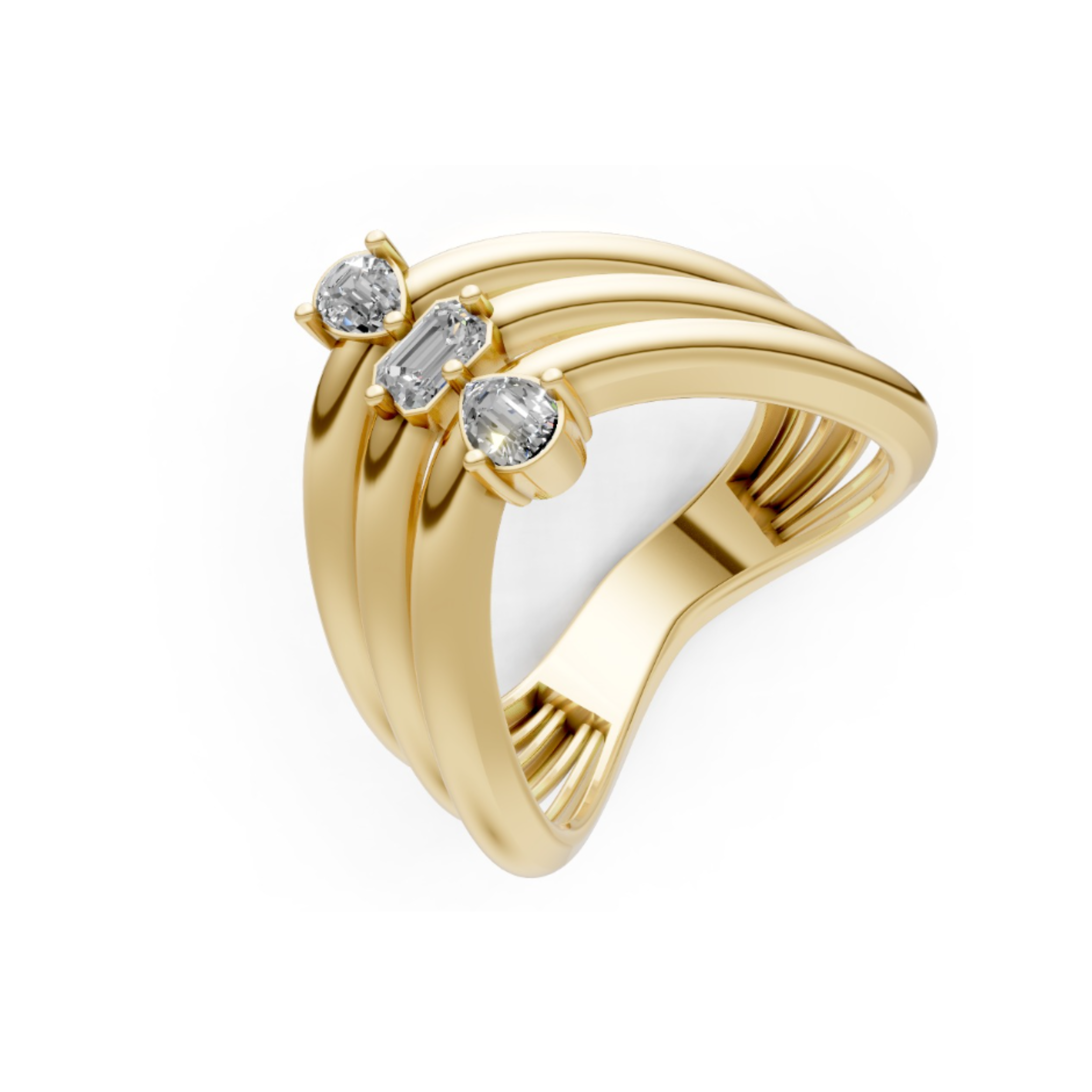 Pear and Emerald Cut Diamond Three-Stone Wave Ring