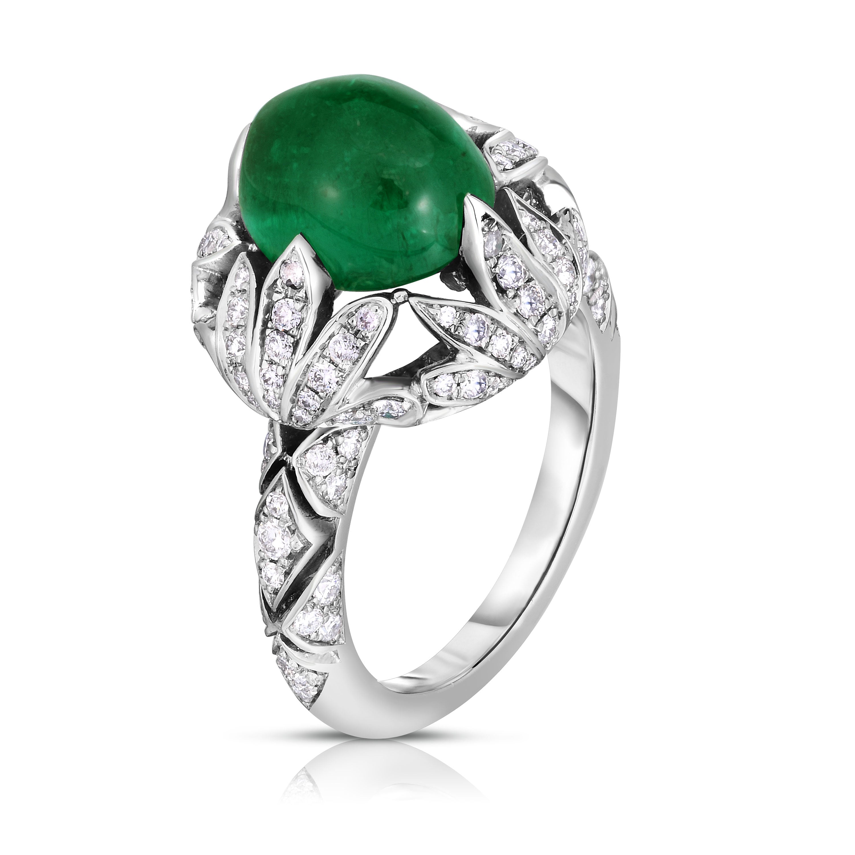 Cabochon Emerald & Diamond Leaf Ring