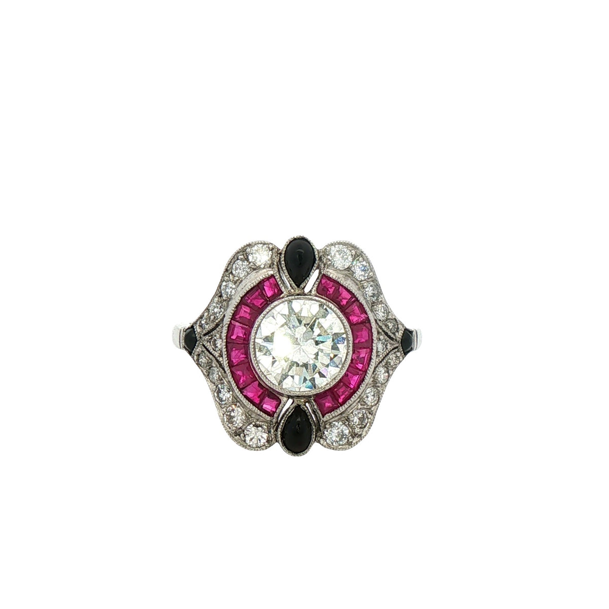 Art Deco Diamond, Ruby and Onyx Ring
