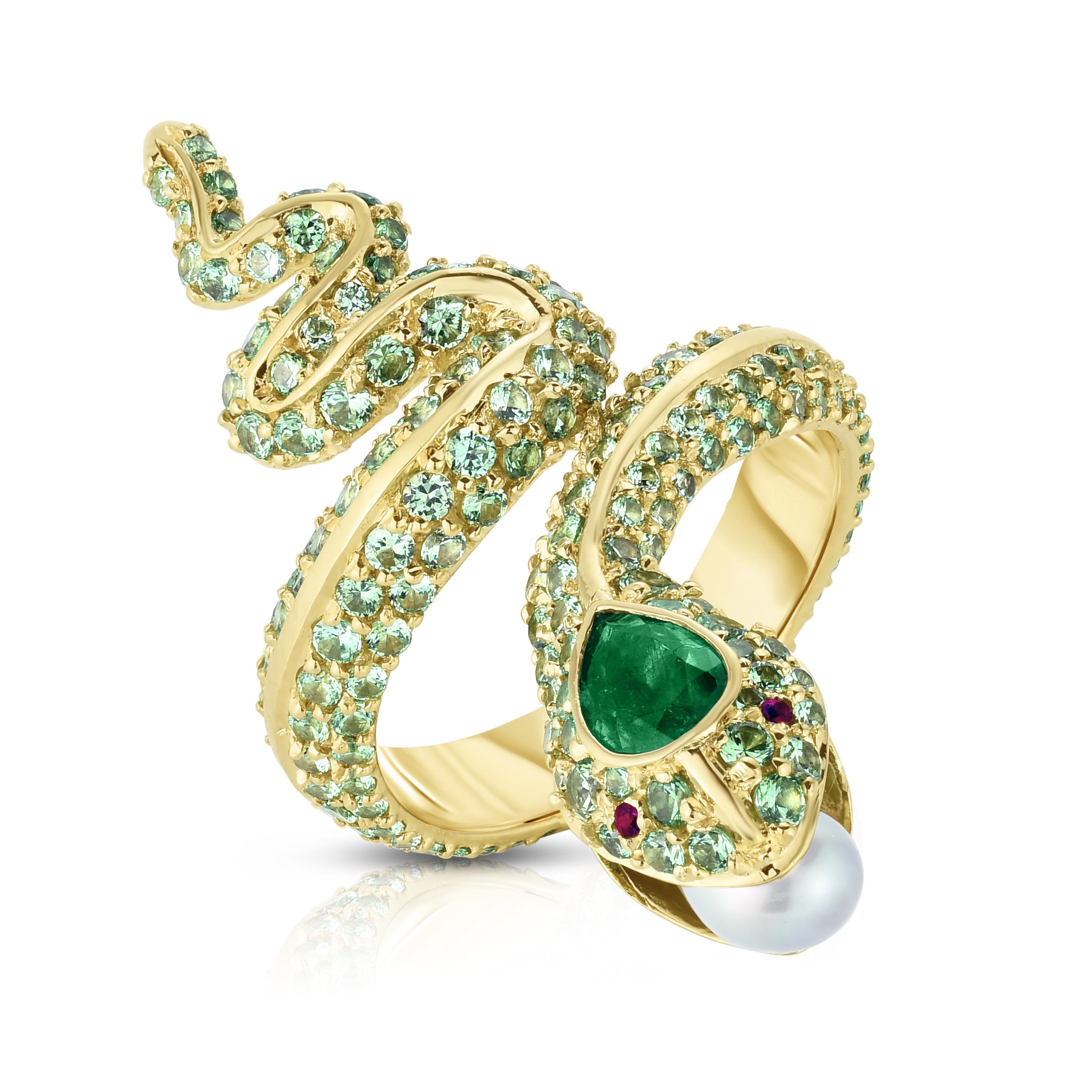 Pear and Round Green Tsavorite Serpent Ring