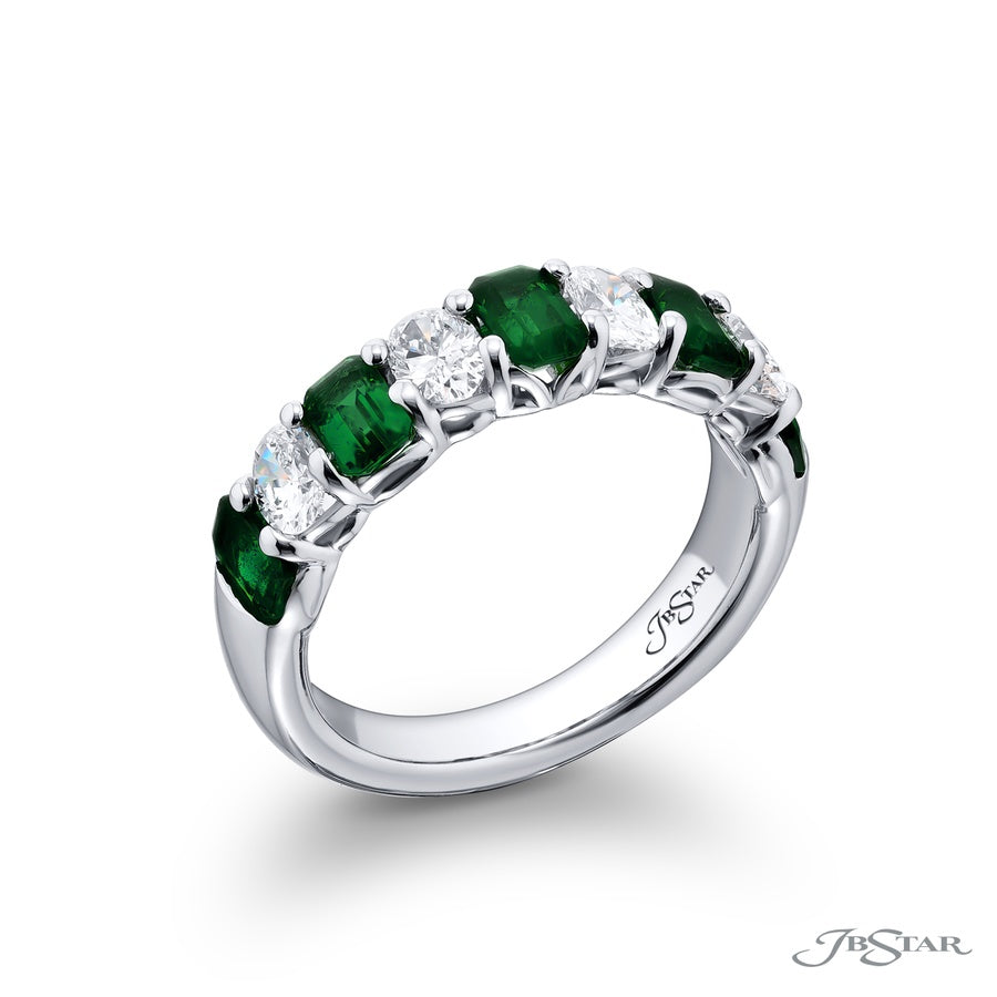 Platinum Emerald-Cut Emerald and Oval Diamond Single-Row Band