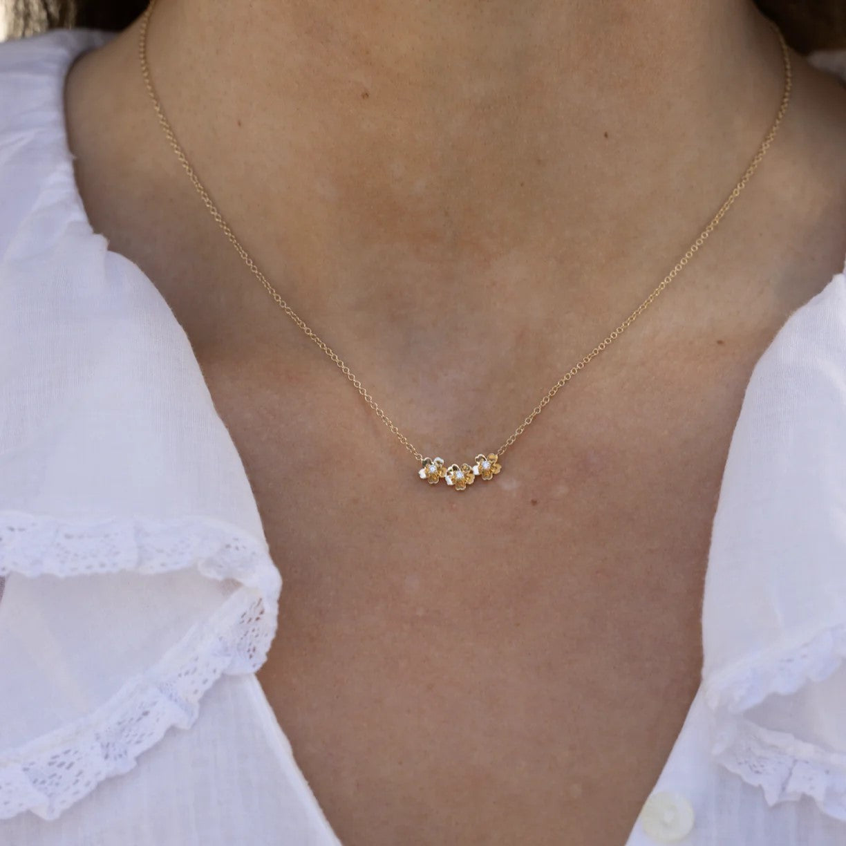 Triple Gold and Diamond Mini Cherry Blossom Necklace