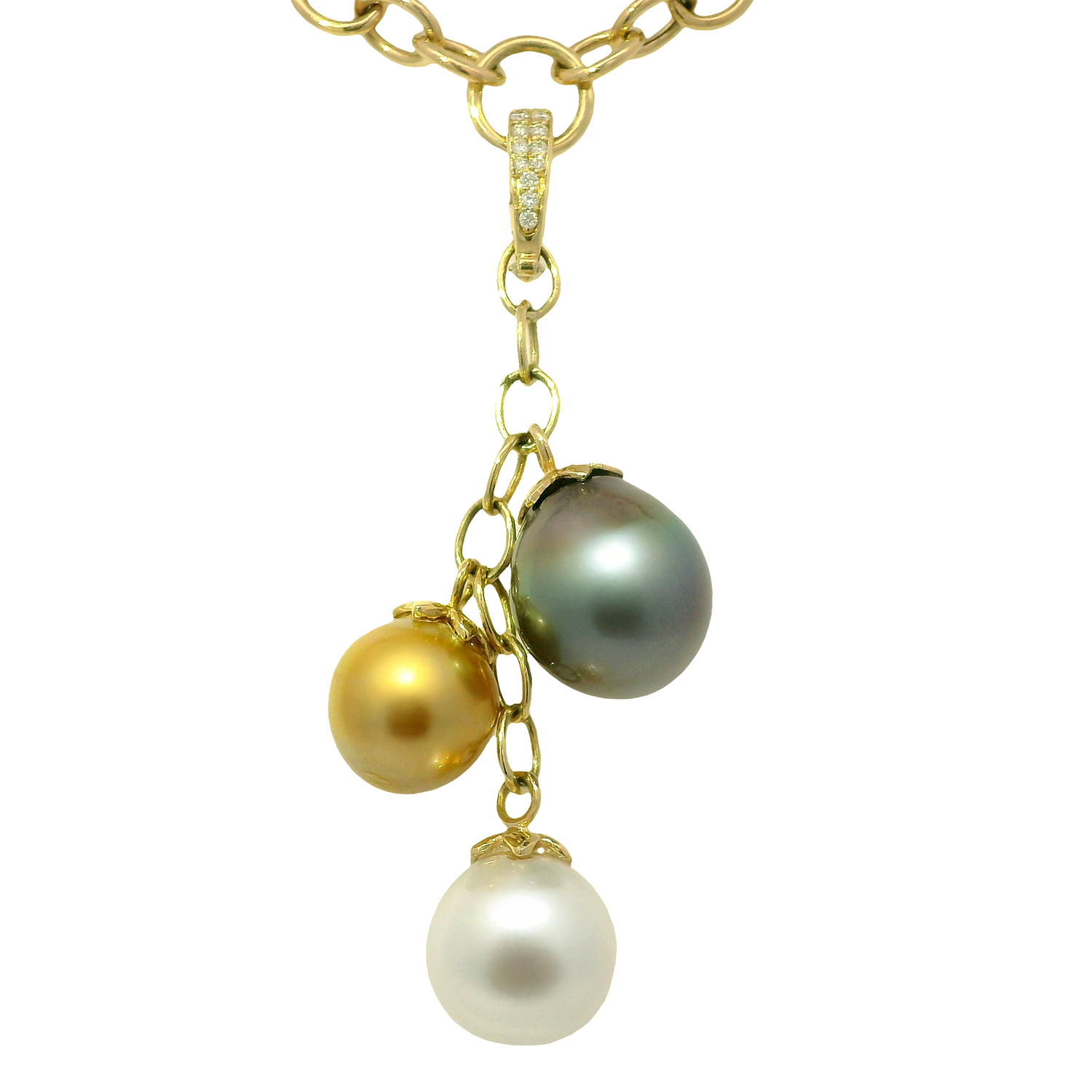 Pearl Triple Drop Necklace with Pavé Diamond Latch Bail