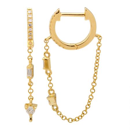 Baguette & Round Diamond Chain Huggie Hoops