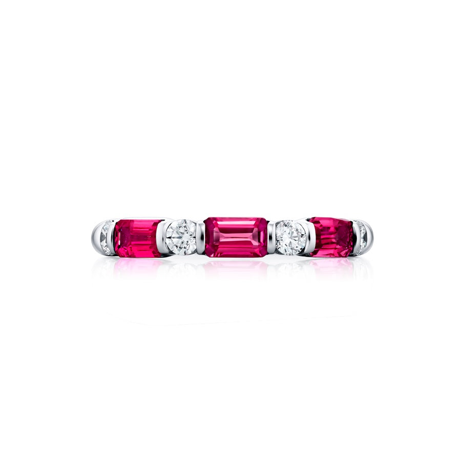 Platinum Emerald-Cut Pink Sapphire and Round Diamond Single-Row East-West Band