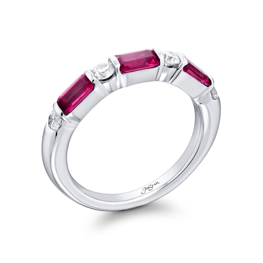 Platinum Emerald-Cut Pink Sapphire and Round Diamond Single-Row East-West Band