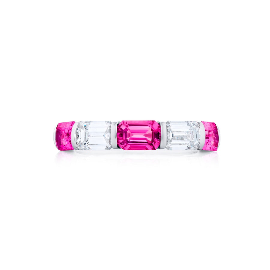 Platinum Emerald-Cut Pink Sapphire and Diamond Bar Set East-West Band