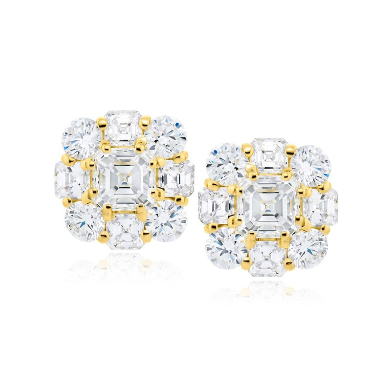 18K Yellow Gold Square Emerald-Cut Diamond Stud Earrings