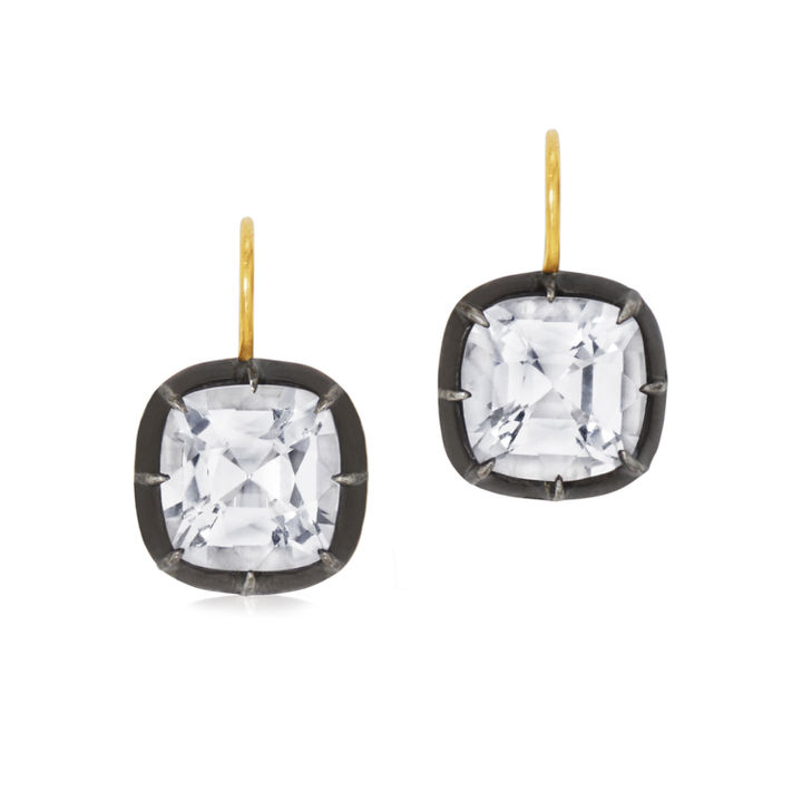 Signed Fred Leighton Cushion White Topaz Collet Drop Earrings