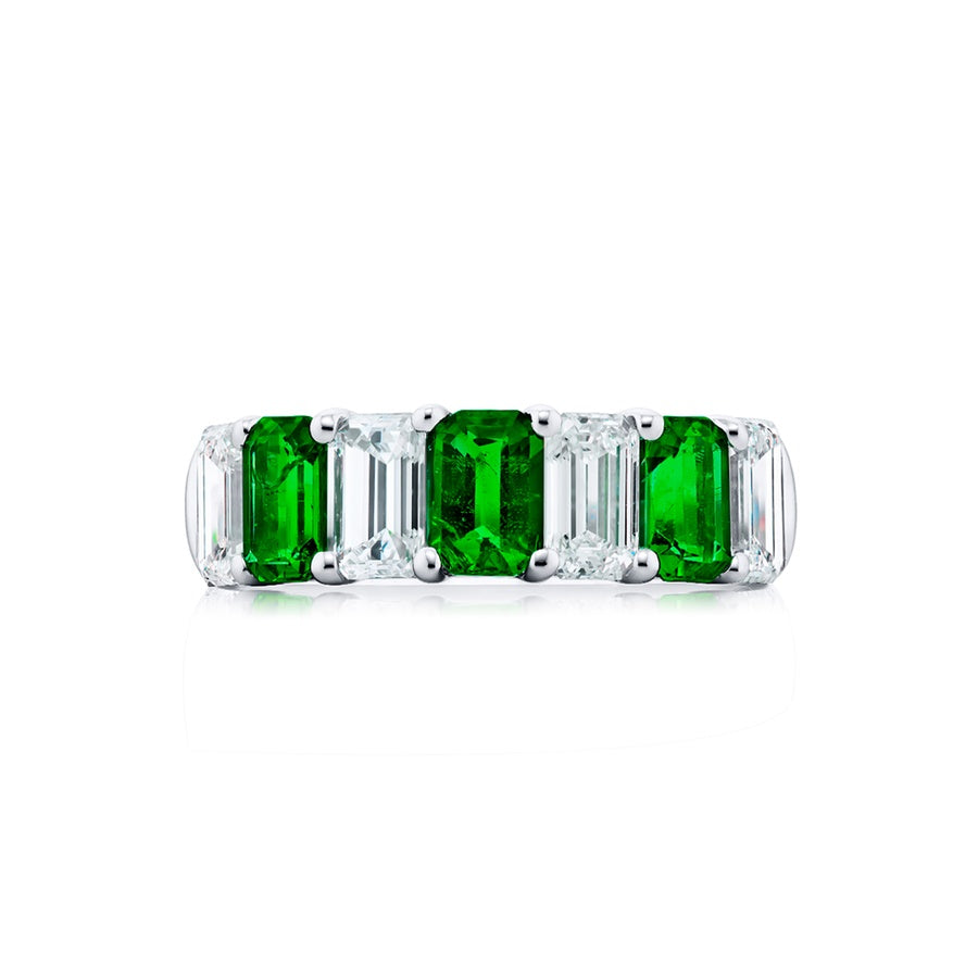 Platinum Emerald-Cut Emerald and Diamond Band