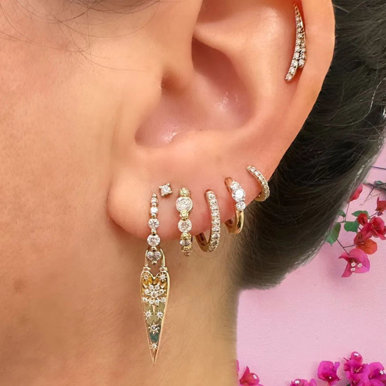 Small Oval Graduated Diamond Huggie Hoops