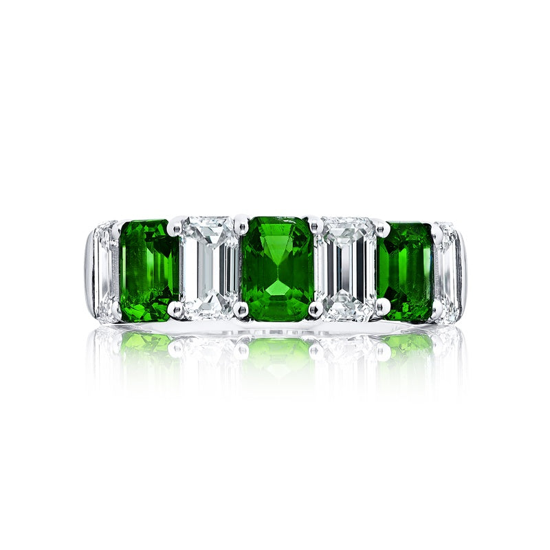 Platinum Emerald-Cut Emerald and Diamond Band