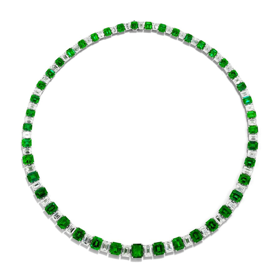 Platinum Emerald-Cut Emerald and Diamond Necklace