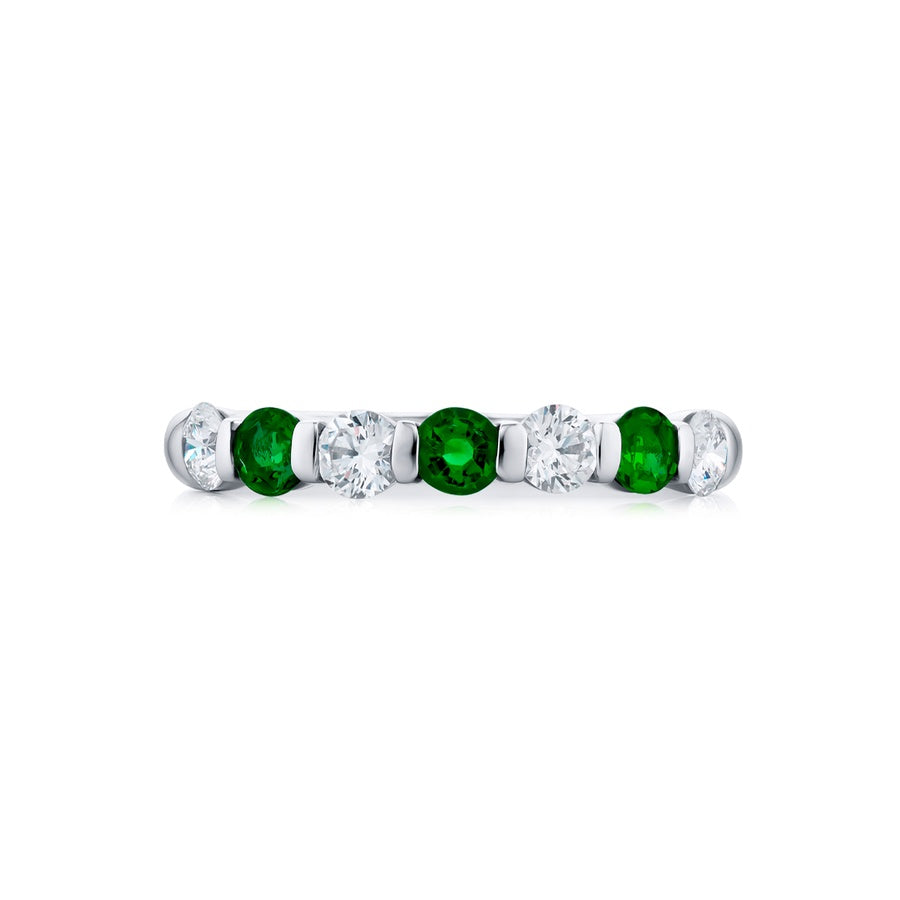 Platinum Round Emerald and Diamond Bar Set Band