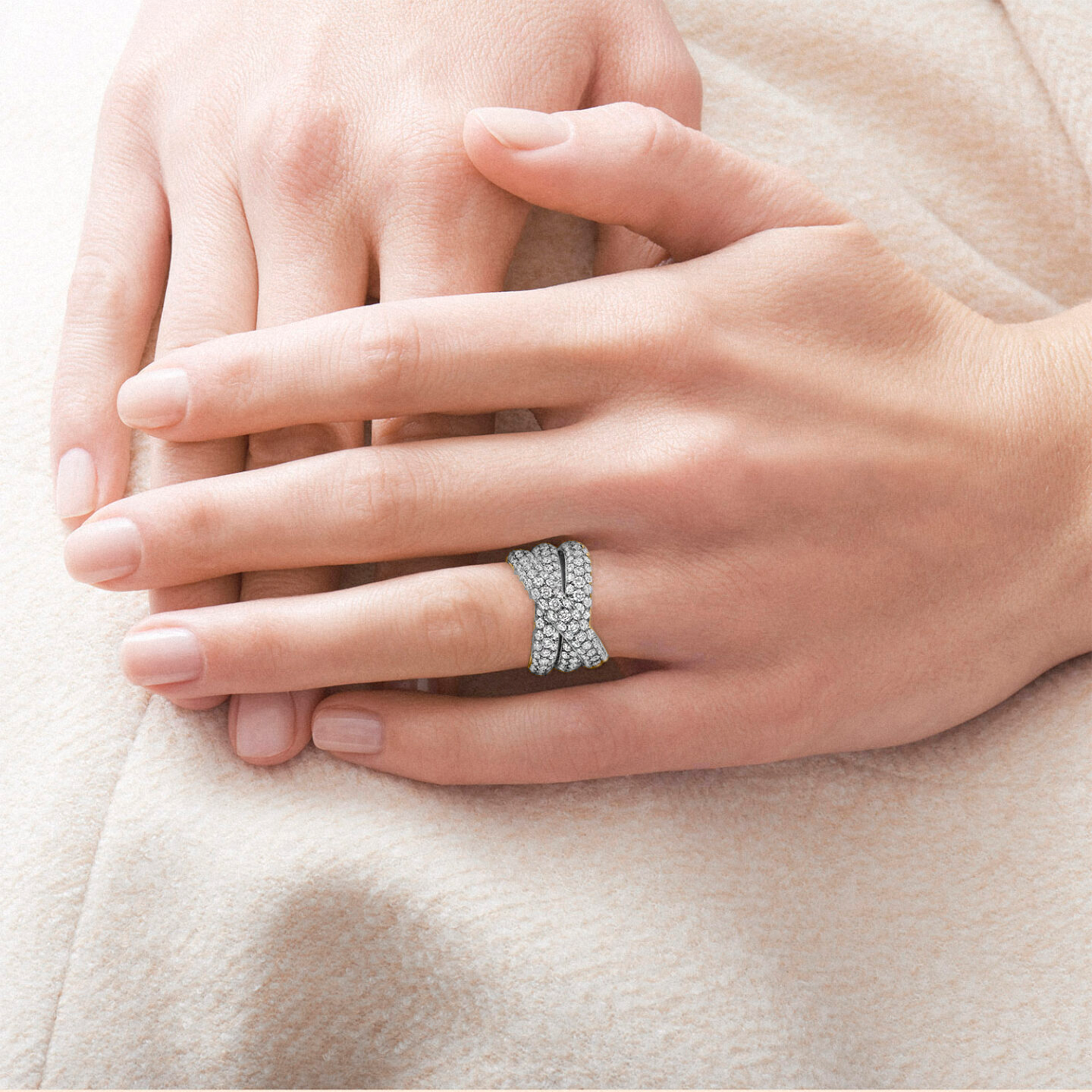 Three-Row Crossover Ring with Pavé Diamonds