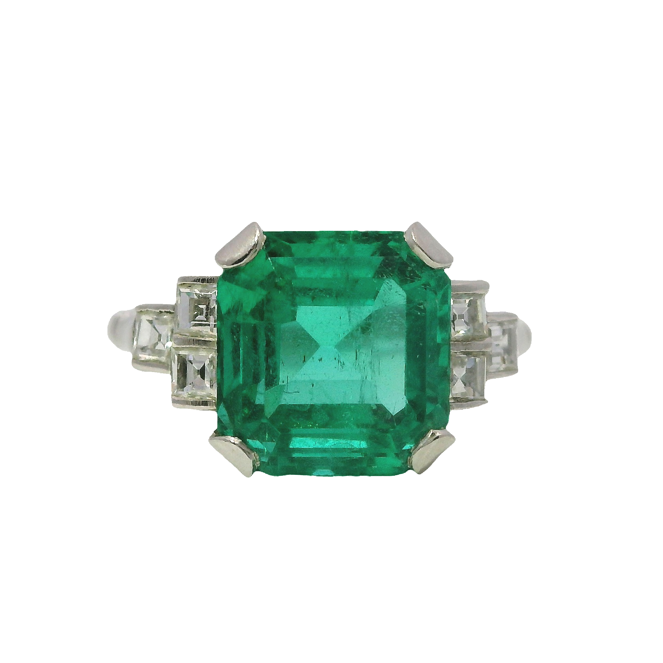 Vintage Asscher Colombian Emerald Ring with Diamond Side Stones