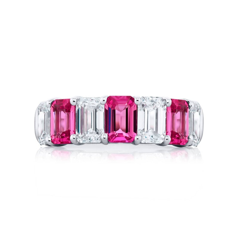 Platinum Emerald-Cut Pink Sapphire and Diamond Band