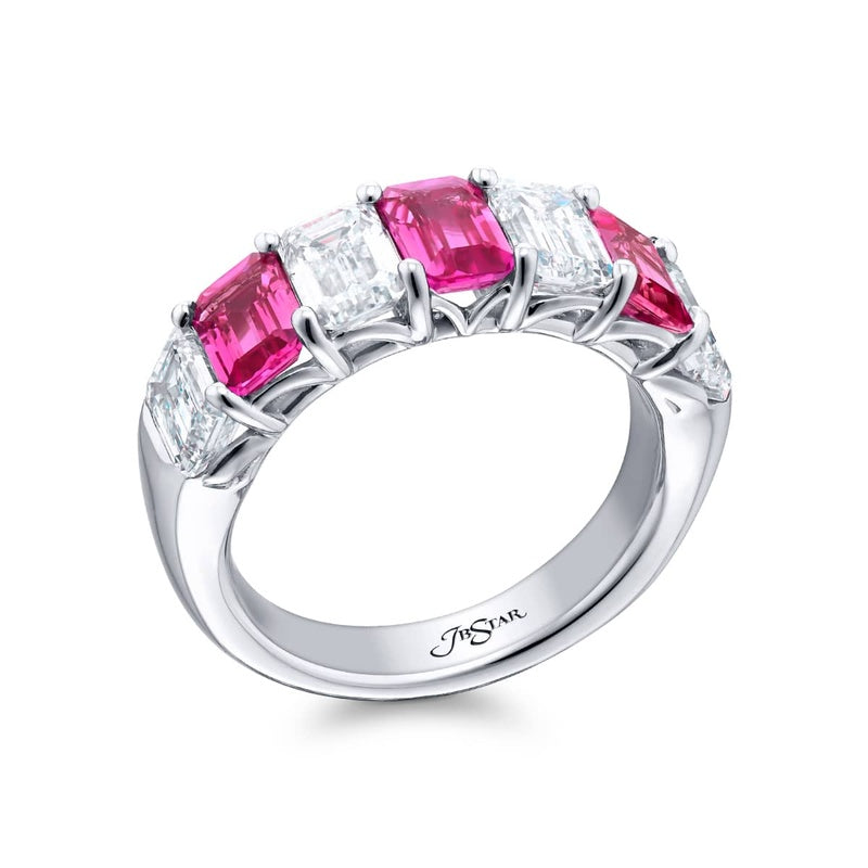 Platinum Emerald-Cut Pink Sapphire and Diamond Band