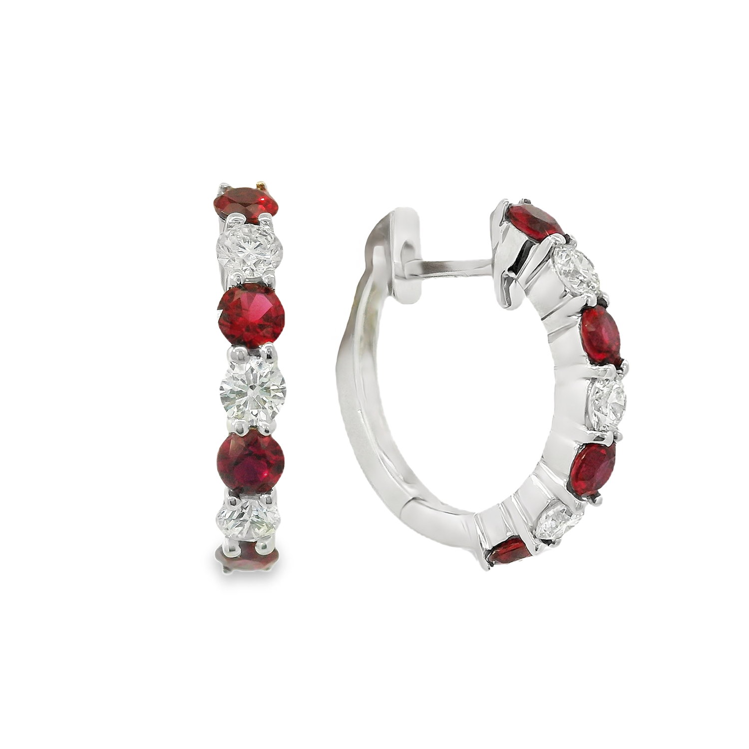 Alternating Round Ruby and Diamond Hoop Earrings