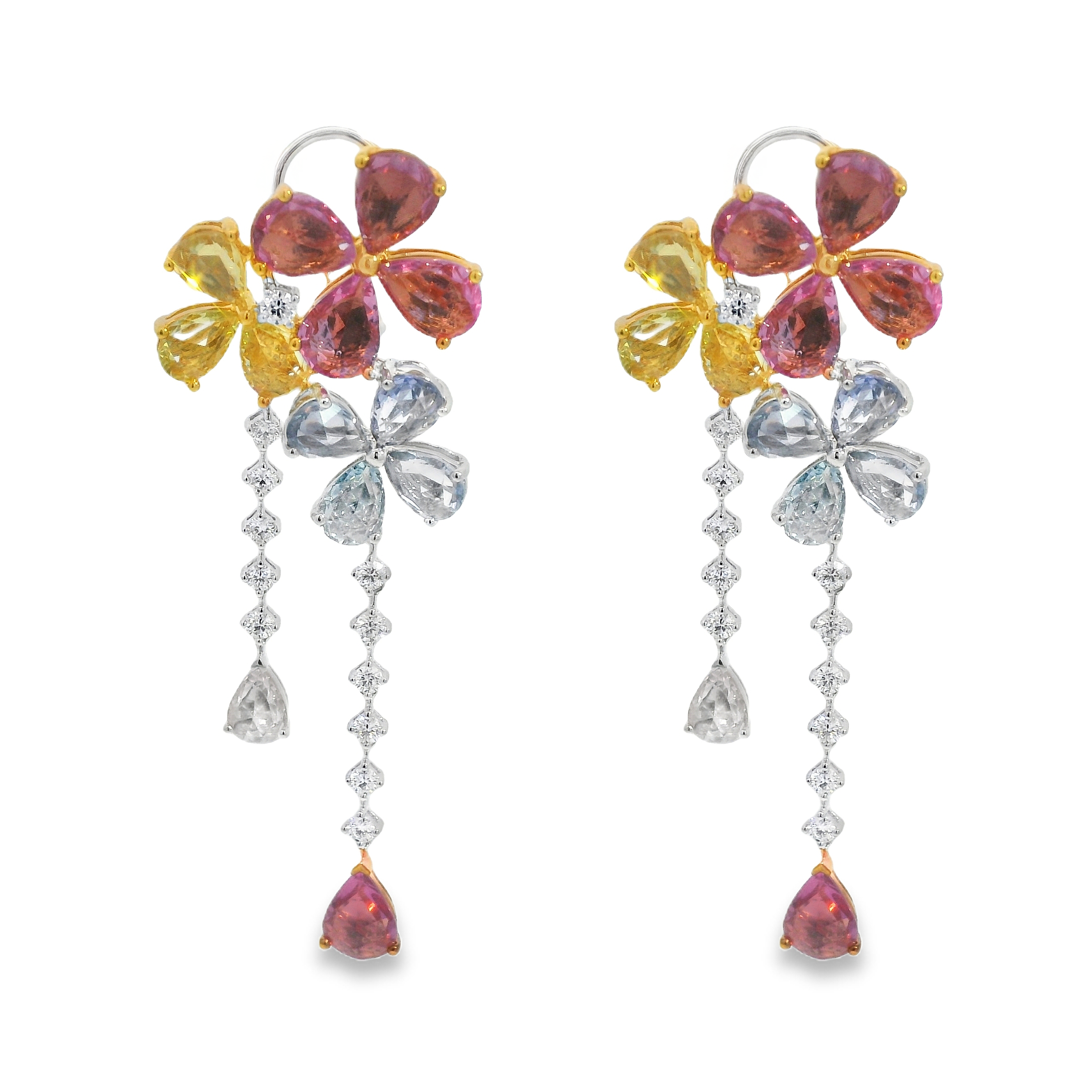 Multicolored Sapphire Triple Flower Earrings