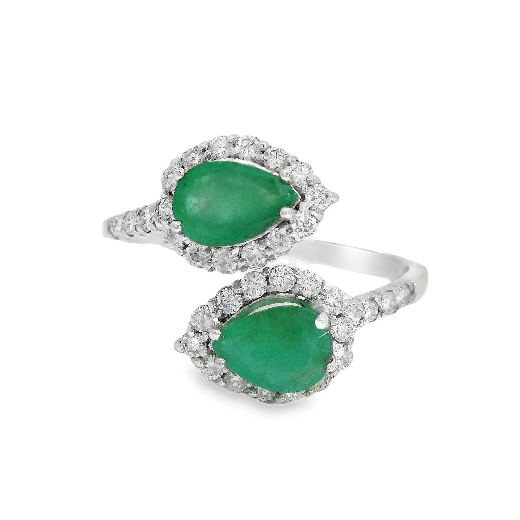 Pear Emerald Bypass Ring with Diamond Halo