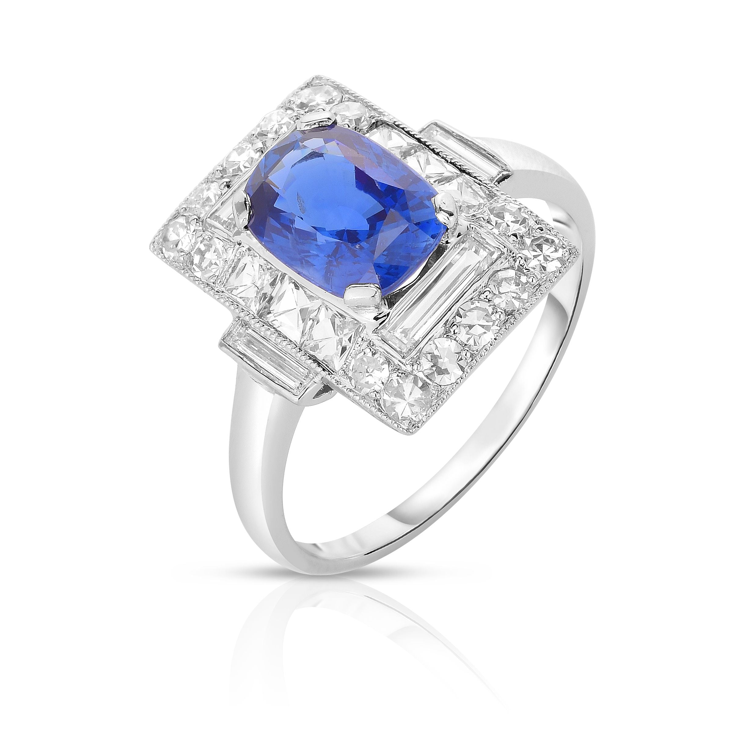 Oval Blue Sapphire Ring with Baguette and Round Diamonds