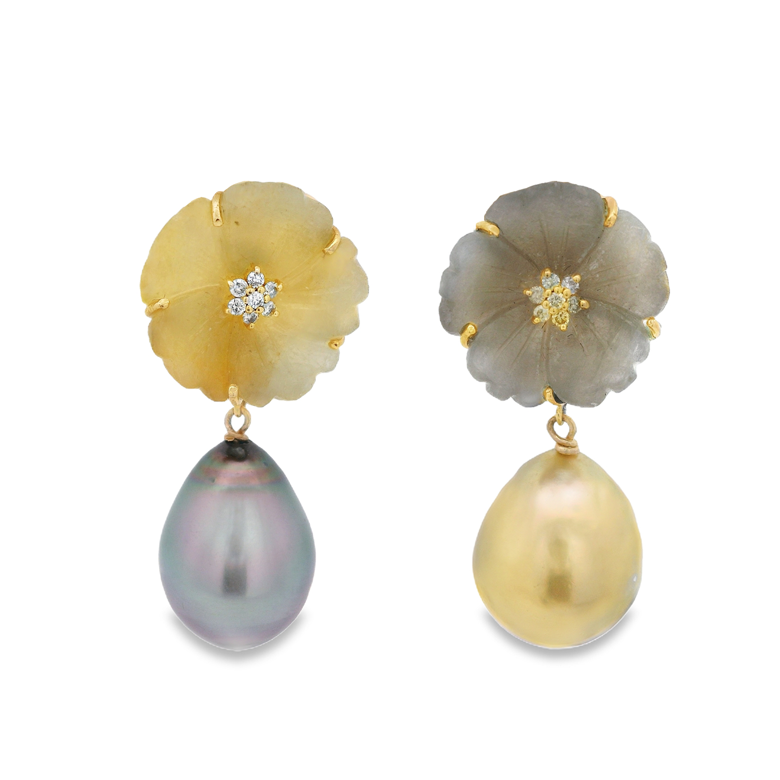 Reverso Carved Sapphire Flower Drop Pearl Earrings