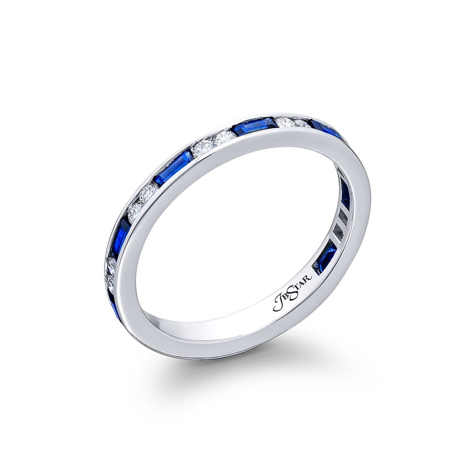 Platinum Straight Baguette Sapphire and Round Diamond Single-Row Channel Set East-West Band