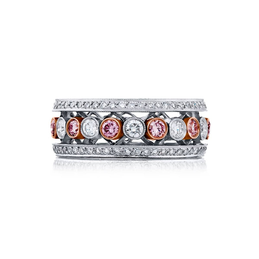 Platinum and 18K Yellow Gold Round Diamond and Fancy Pink Diamond Micro Pave Eternity Band