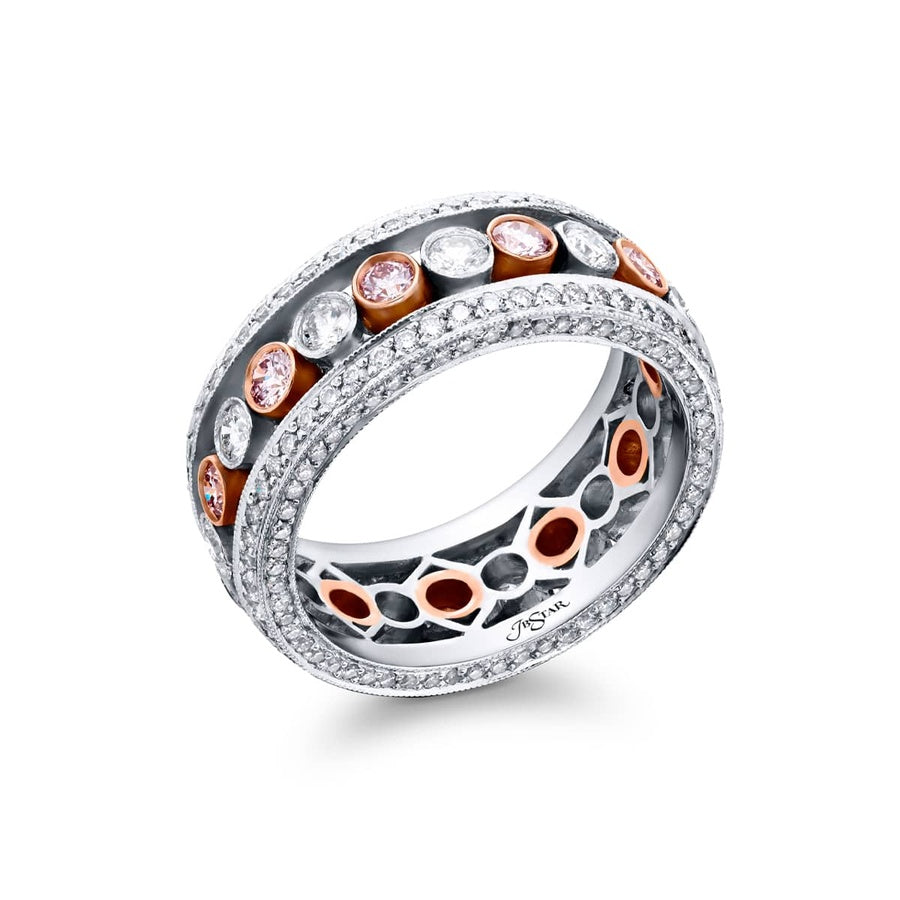 Platinum and 18K Yellow Gold Round Diamond and Fancy Pink Diamond Micro Pave Eternity Band