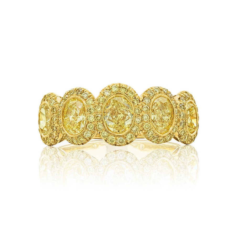 18K Yellow Gold Oval Fancy Yellow Diamond Single-Row Bezel Set Micro Pave Band