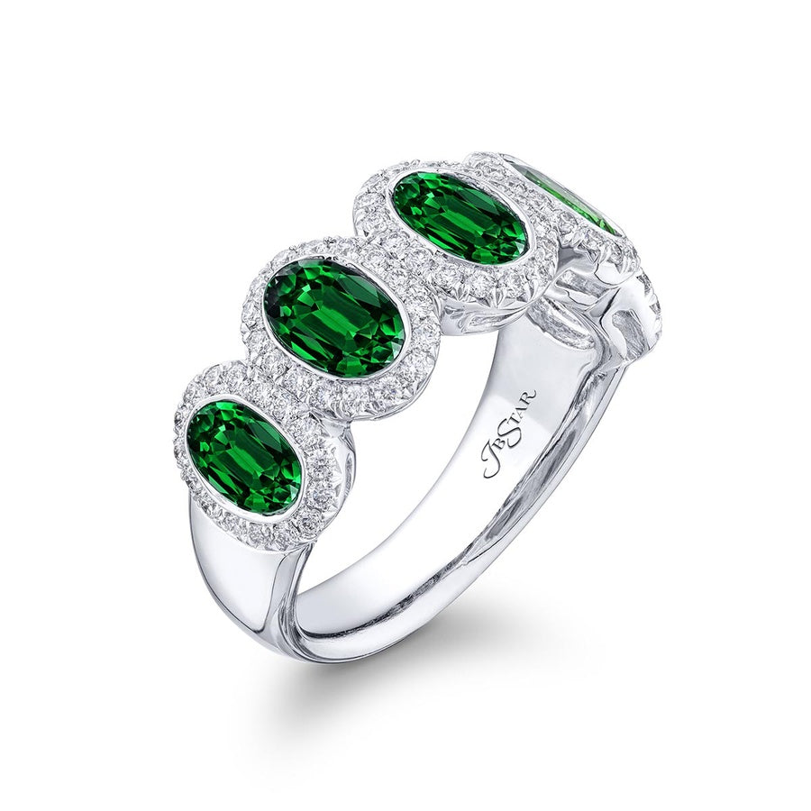 Platinum Oval Emerald Single-Row Bezel Set Micro Pave Band