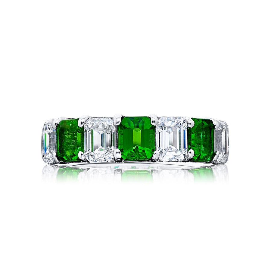 Platinum Emerald-Cut Emerald and Diamond Single-Row Band