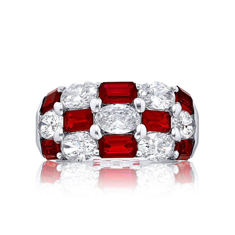 Platinum Emerald-Cut Rubellite and Oval Diamond Single-Row East-West Band