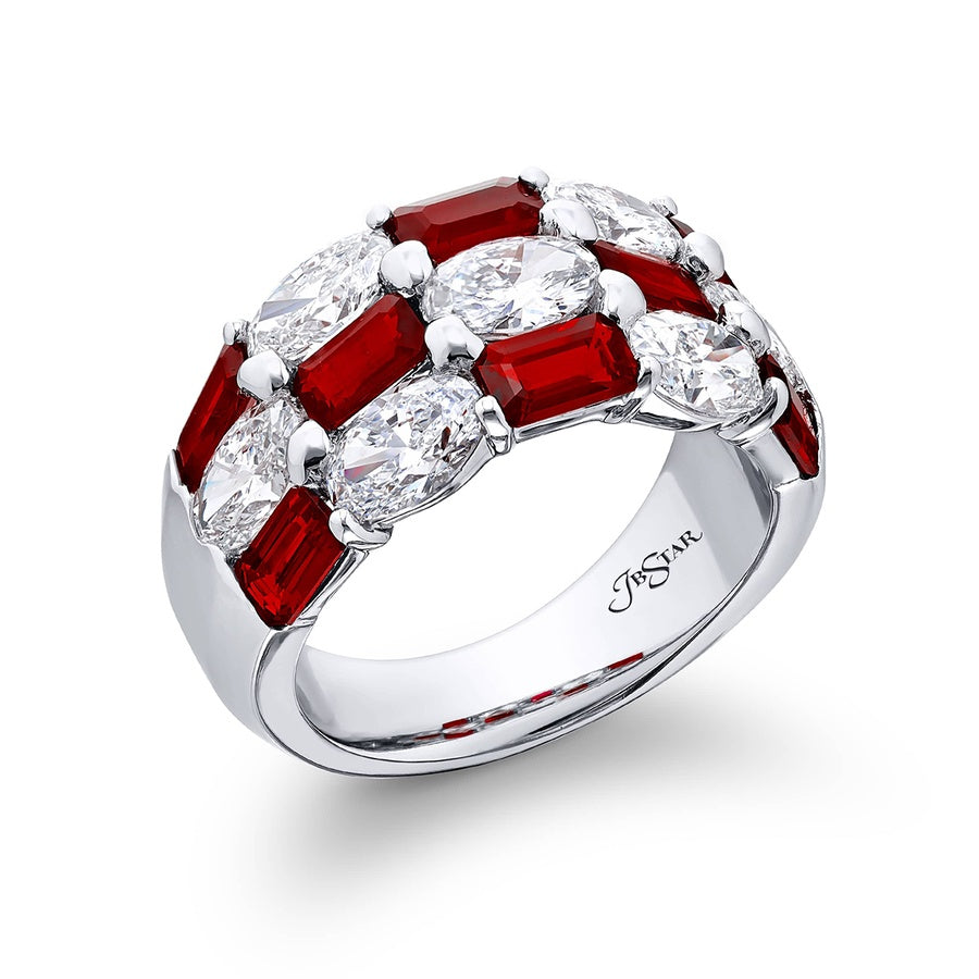 Platinum Emerald-Cut Rubellite and Oval Diamond Single-Row East-West Band