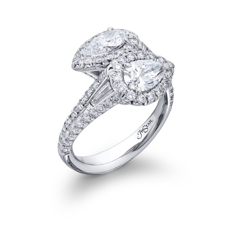 Dazzling Brilliance: GIA-Certified Diamond Twogether Ring Pear-Shaped Diamonds with Micro-Pave Bezel and Tapered Baguettes in Pure Platinum