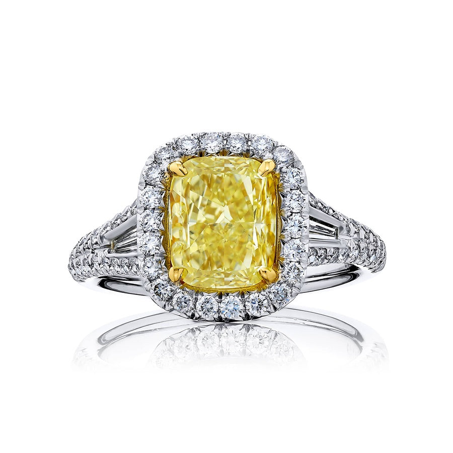 Platinum and 18K Yellow Gold Cushion-Cut Fancy Yellow Diamond GIA Certified Micro Pave Engagement Ring