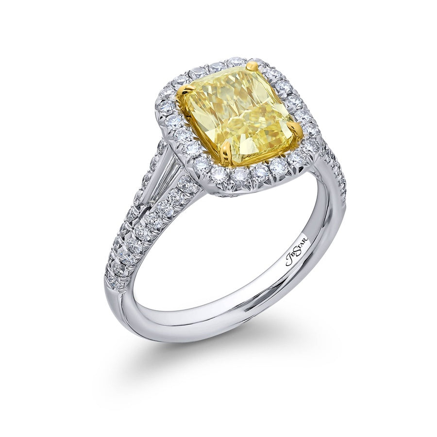 Platinum and 18K Yellow Gold Cushion-Cut Fancy Yellow Diamond GIA Certified Micro Pave Engagement Ring