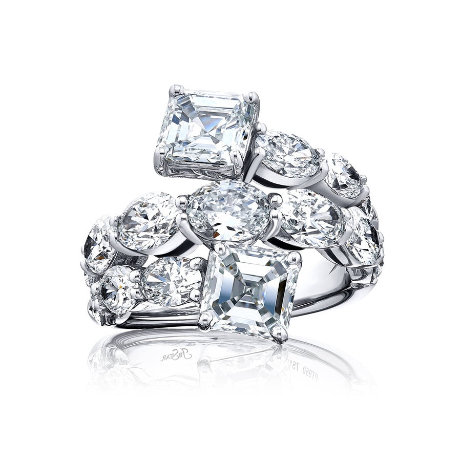 Dazzling Brilliance: Certified Three-Row Diamond Ring GIA-Certified Emerald-Cut Oval & Pear-Shaped Diamonds in Pure Platinum