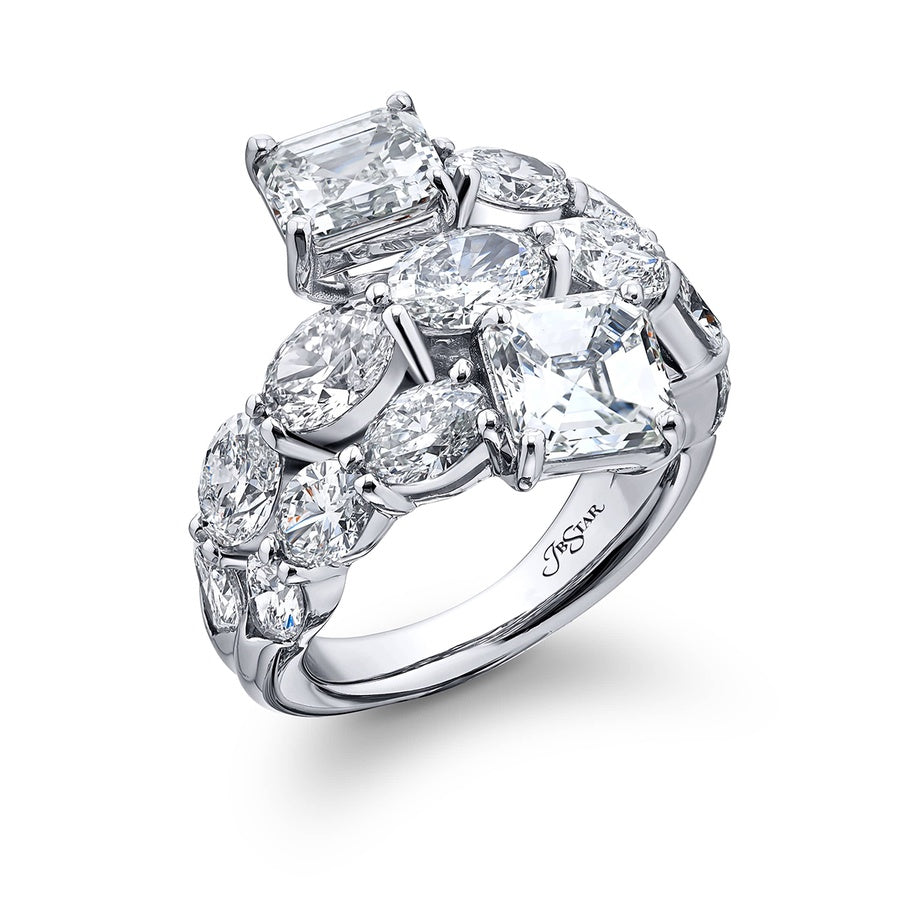 Dazzling Brilliance: Certified Three-Row Diamond Ring GIA-Certified Emerald-Cut Oval & Pear-Shaped Diamonds in Pure Platinum