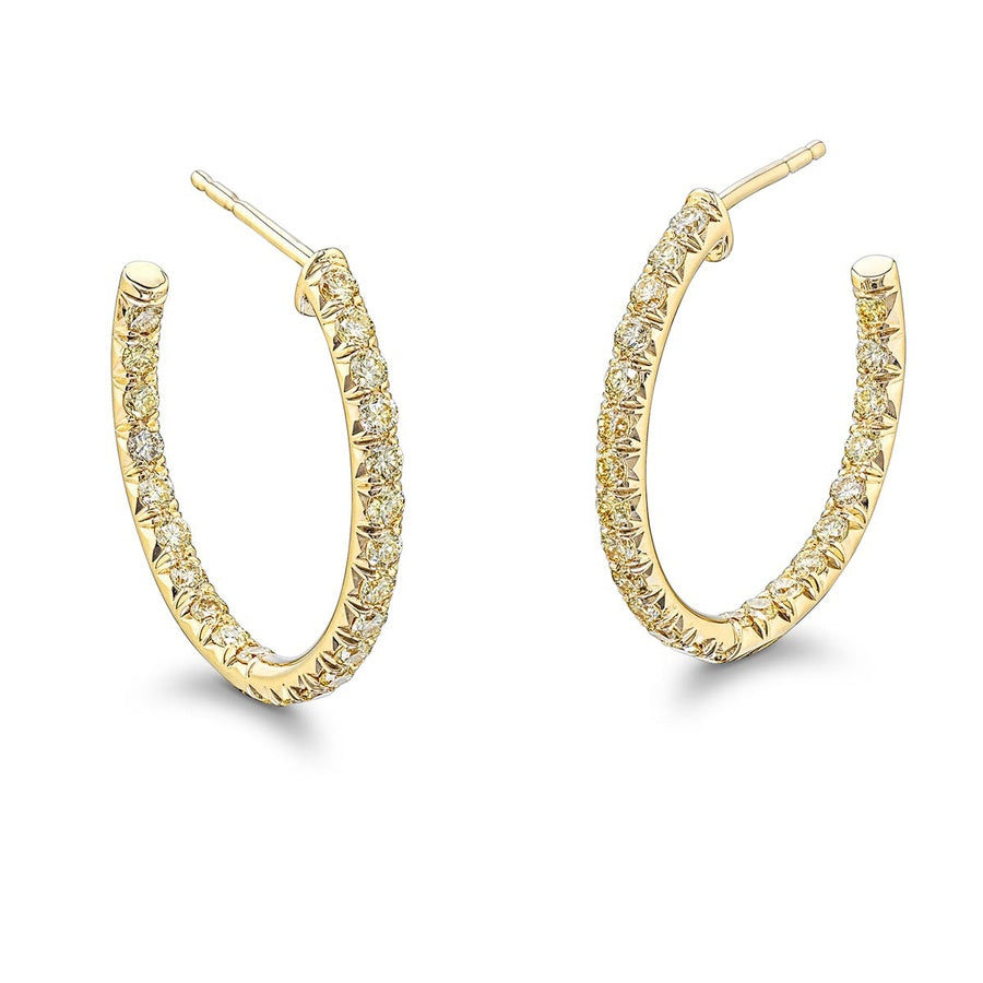 Fancy Yellow Diamond Hoop Earrings Round Cut 18KY Gold