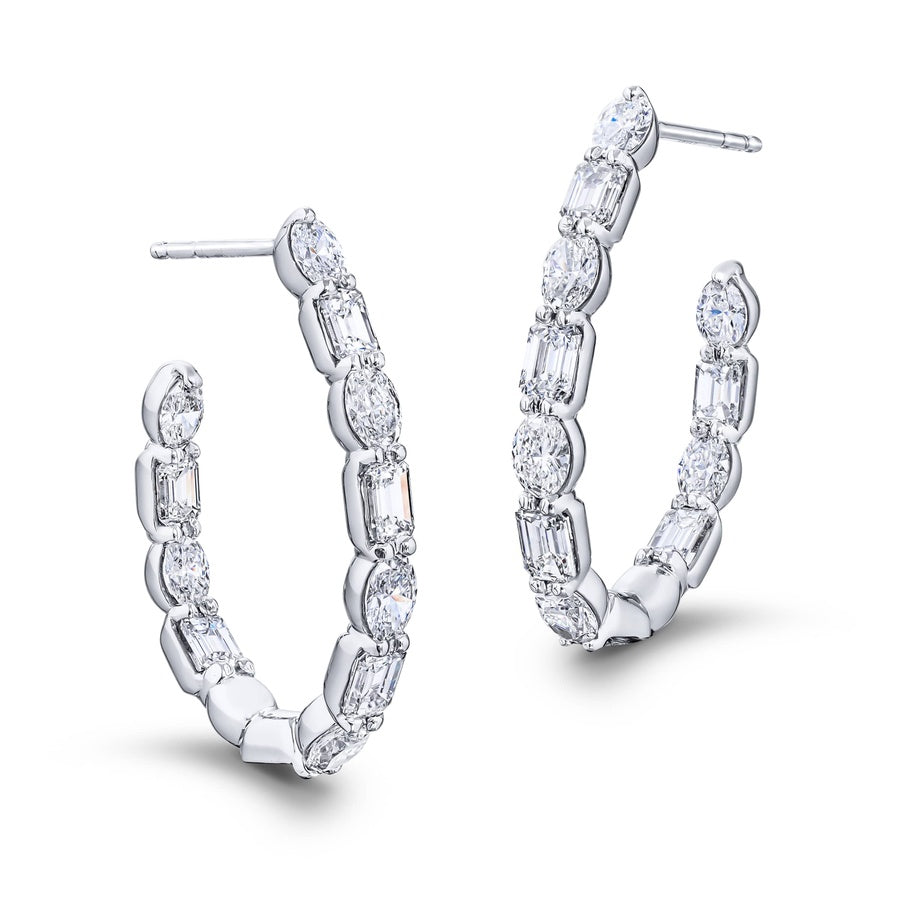Platinum Emerald-Cut and Oval Diamond Hoop Earrings