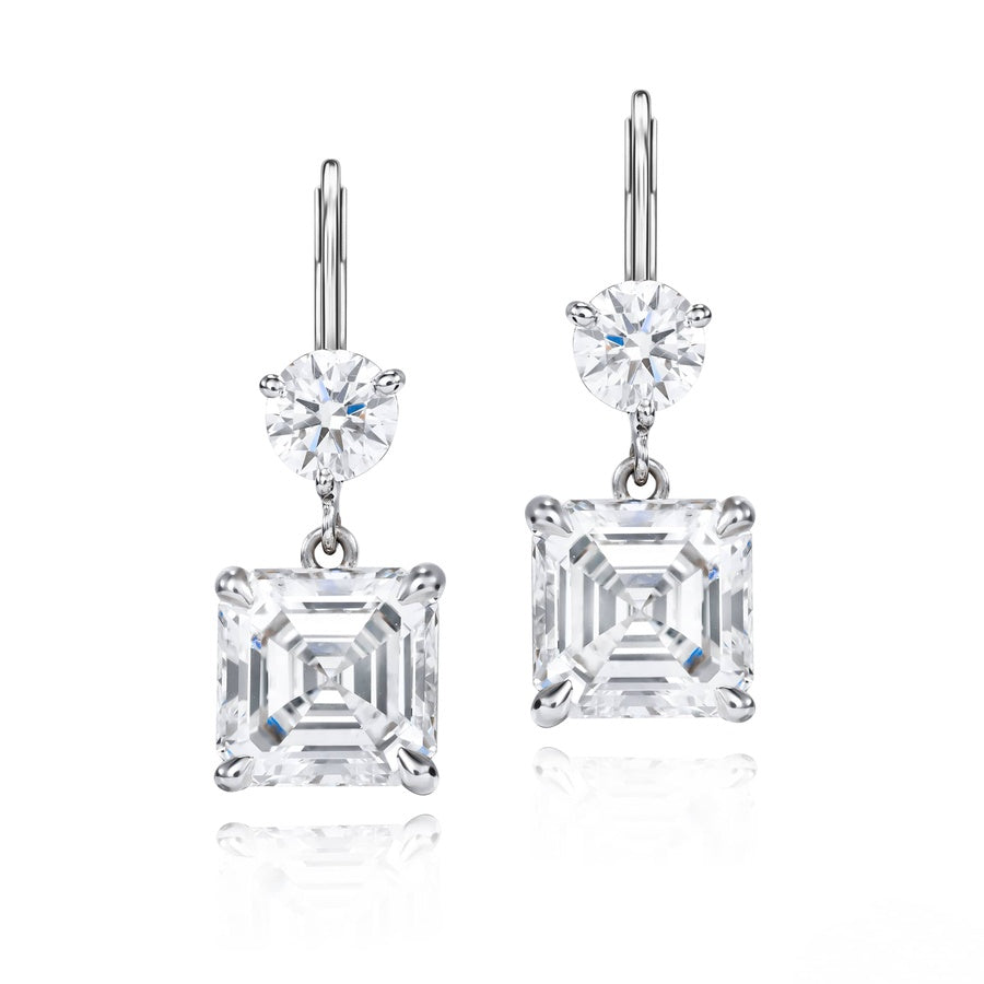 Platinum Square Emerald-Cut Diamond Certified Drop Earrings
