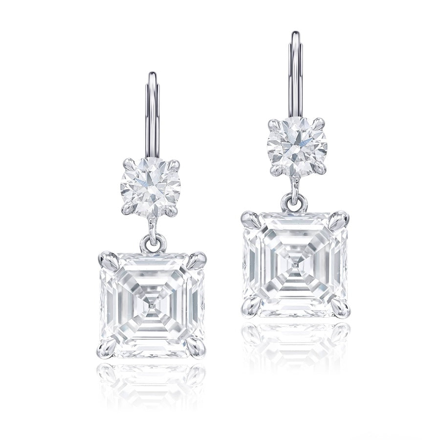 Platinum Square Emerald-Cut Diamond Certified Drop Earrings