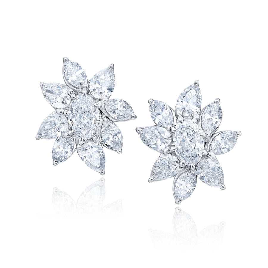 Platinum Oval Diamond Certified Floral Stud Earrings
