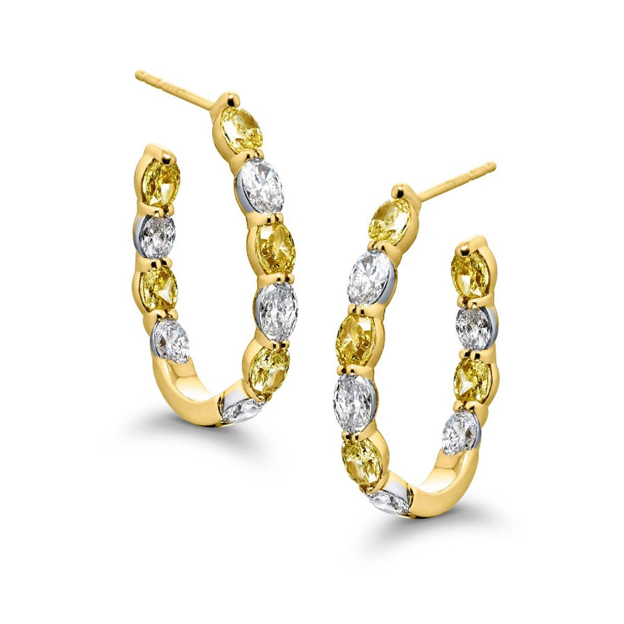Fancy Yellow & White Diamond Oval Hoop Earrings in 18K Gold