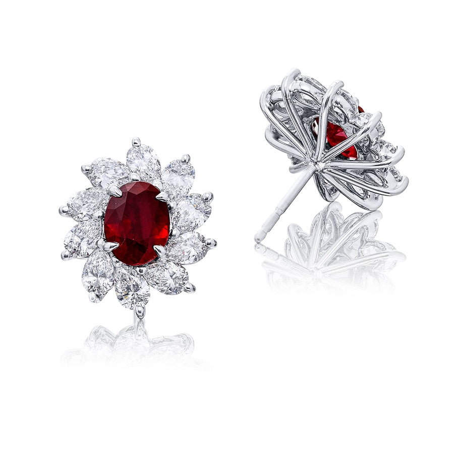 Certified Ruby & Diamond Floral Earrings with Oval Rubies and Pear-Shaped Diamonds in Platinum