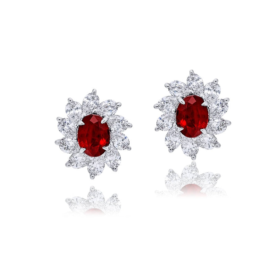 Certified Ruby & Diamond Floral Earrings with Oval Rubies and Pear-Shaped Diamonds in Platinum