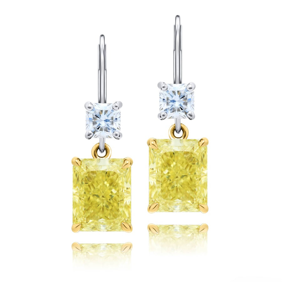 Platinum and 18K Yellow Gold Radiant-Cut Fancy Yellow Diamond Certified Drop Earrings