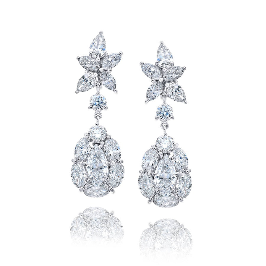 Platinum Pear-Shaped Diamond Floral Drop Earrings